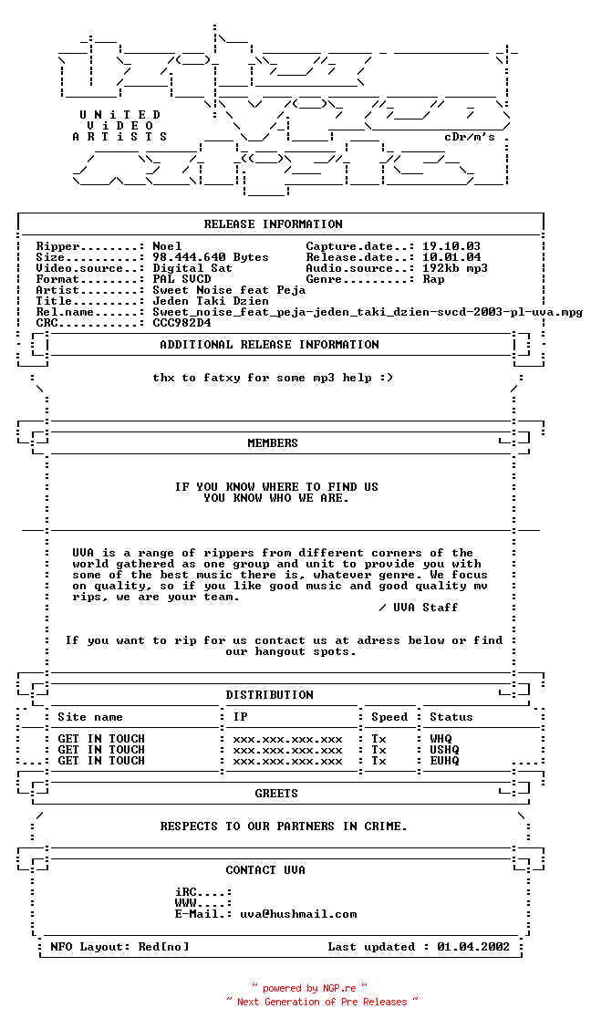 NFO for the release Sweet_noise_feat_peja-jeden_taki_dzien-svcd-2003-pl-uva by uva