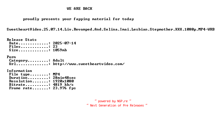 NFO for the release SweetheartVideo.25.07.14.Liv.Revamped.And.Selina.Imai.Lesbian.Stepmother.XXX.1080p.MP4-WRB by WRB