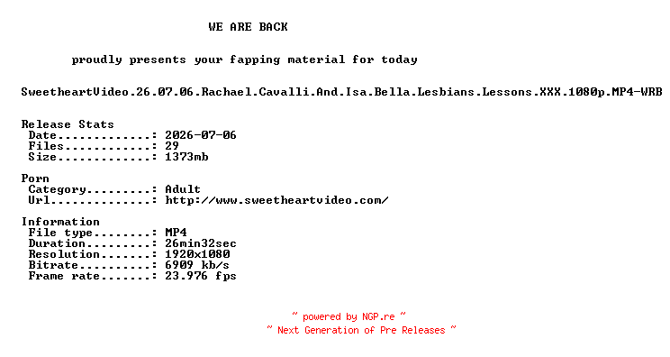 NFO for the release SweetheartVideo.26.07.06.Rachael.Cavalli.And.Isa.Bella.Lesbians.Lessons.XXX.1080p.MP4-WRB by WRB