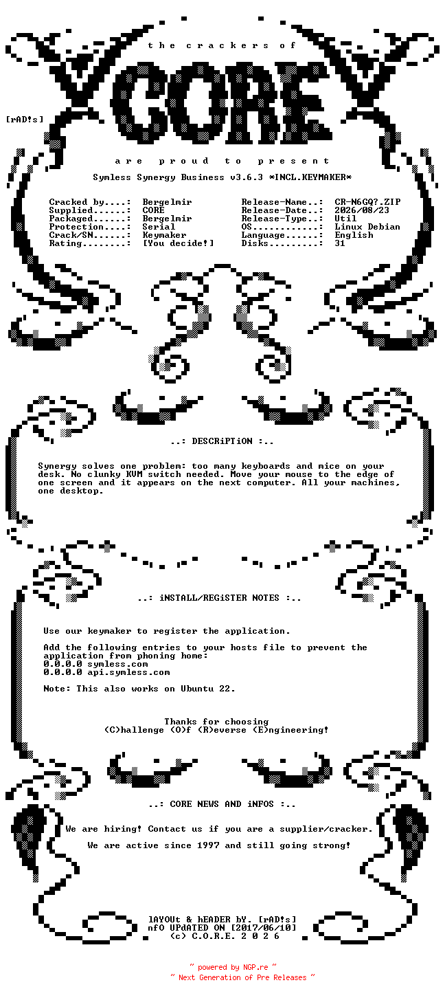NFO for the release Symless.Synergy.Business.v3.6.3.Linux.Debian.12.x64.Incl.Keymaker-CORE by CORE