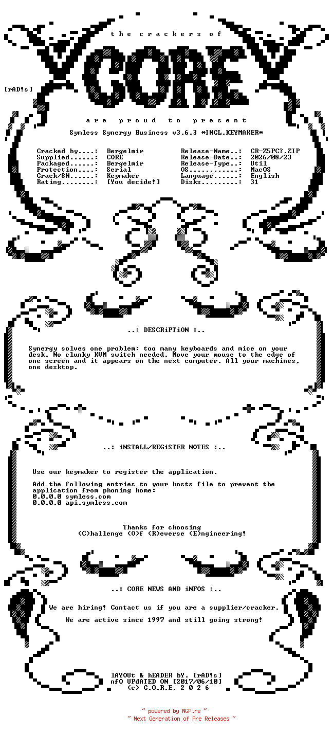NFO for the release Symless.Synergy.Business.v3.6.3.MacOS.ARM64.Incl.Keymaker-CORE by CORE