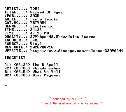 NFO for the release TOBI-Wizard_Of_Ages-(PRTY004)-VINYL-2025-USR by USR