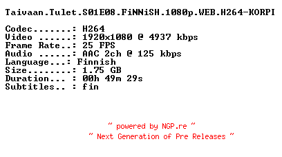 NFO for the release Taivaan.Tulet.S01E08.FiNNiSH.1080p.WEB.H264-KORPI by KORPI