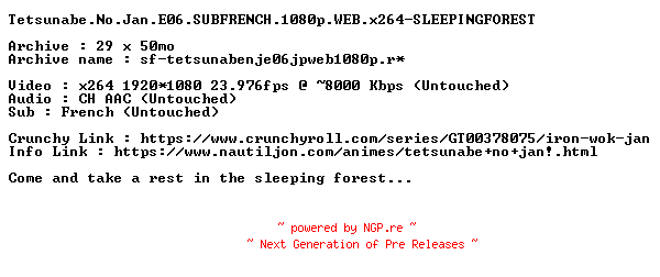 NFO for the release Tetsunabe.No.Jan.E06.SUBFRENCH.1080p.WEB.x264-SLEEPINGFOREST by SLEEPINGFOREST