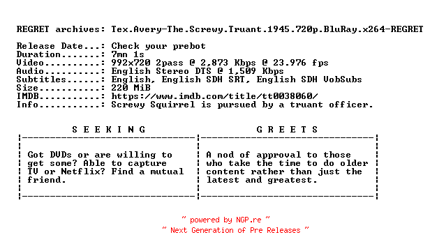 NFO for the release Tex.Avery-The.Screwy.Truant.1945.720p.BluRay.x264-REGRET by REGRET