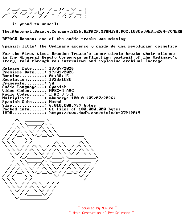 NFO for the release The.Abnormal.Beauty.Company.2026.REPACK.SPANiSH.DOC.1080p.WEB.h264-SOMBRA by SOMBRA