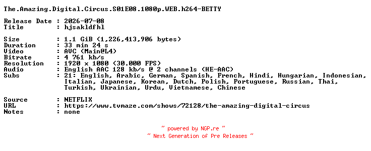 NFO for the release The.Amazing.Digital.Circus.S01E08.1080p.WEB.h264-BETTY by BETTY