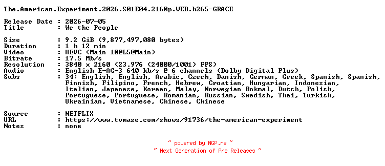 NFO for the release The.American.Experiment.2026.S01E04.2160p.WEB.h265-GRACE by GRACE