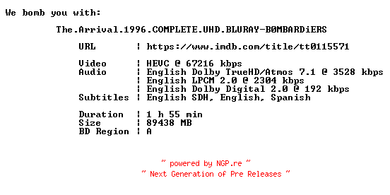 NFO for the release The.Arrival.1996.COMPLETE.UHD.BLURAY-B0MBARDiERS by B0MBARDiERS