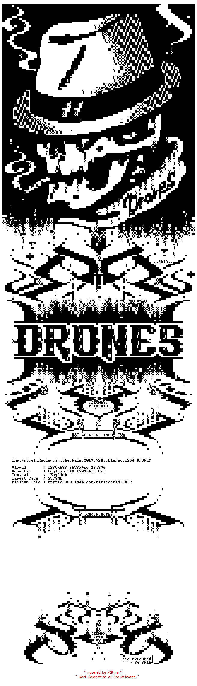 NFO for the release The.Art.of.Racing.in.the.Rain.2019.720p.BluRay.x264-DRONES by DRONES