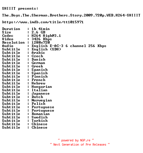 NFO for the release The.Boys.The.Sherman.Brothers.Story.2009.720p.WEB.H264-SHIIIT by SHIIIT