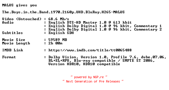 NFO for the release The.Boys.in.the.Band.1970.2160p.UHD.BluRay.H265-MALUS by MALUS