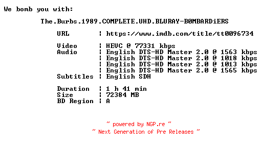 NFO for the release The.Burbs.1989.COMPLETE.UHD.BLURAY-B0MBARDiERS by B0MBARDiERS
