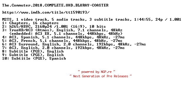 NFO for the release The.Commuter.2018.COMPLETE.UHD.BLURAY-COASTER by COASTER