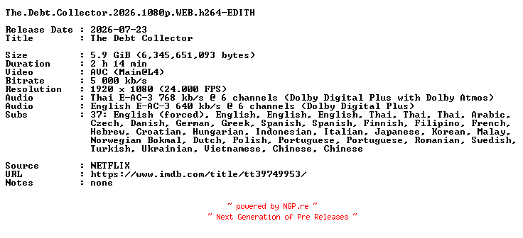 NFO for the release The.Debt.Collector.2026.1080p.WEB.h264-EDITH by EDITH