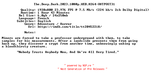 NFO for the release The.Deep.Dark.2023.1080p.WEB.H264-OUTPOST31 by OUTPOST31