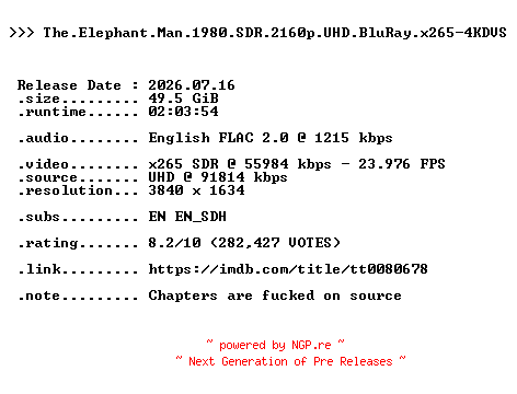 NFO for the release The.Elephant.Man.1980.SDR.2160p.UHD.BluRay.x265-4KDVS by 4KDVS