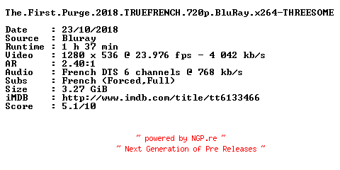 NFO for the release The.First.Purge.2018.TRUEFRENCH.720p.BluRay.x264-THREESOME by THREESOME