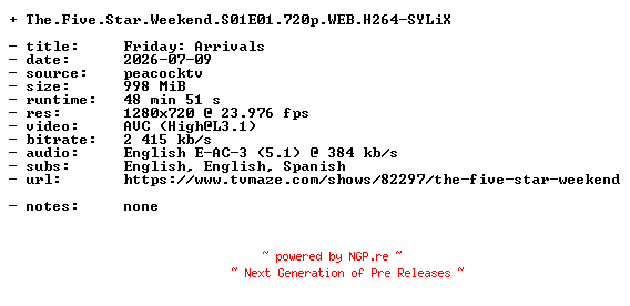 NFO for the release The.Five.Star.Weekend.S01E01.720p.WEB.H264-SYLiX by SYLiX