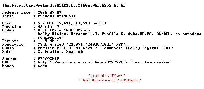 NFO for the release The.Five.Star.Weekend.S01E01.DV.2160p.WEB.h265-ETHEL by ETHEL