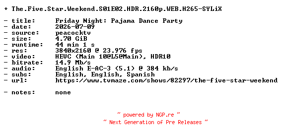 NFO for the release The.Five.Star.Weekend.S01E02.HDR.2160p.WEB.H265-SYLiX by SYLiX