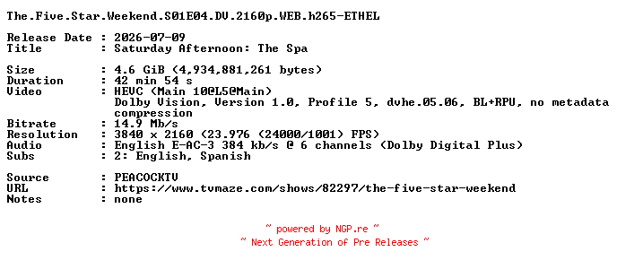 NFO for the release The.Five.Star.Weekend.S01E04.DV.2160p.WEB.h265-ETHEL by ETHEL
