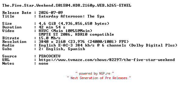 NFO for the release The.Five.Star.Weekend.S01E04.HDR.2160p.WEB.h265-ETHEL by ETHEL