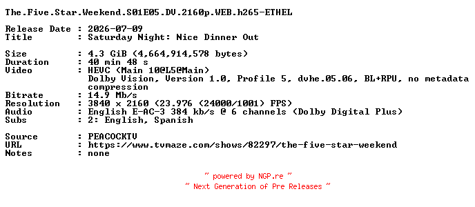 NFO for the release The.Five.Star.Weekend.S01E05.DV.2160p.WEB.h265-ETHEL by ETHEL