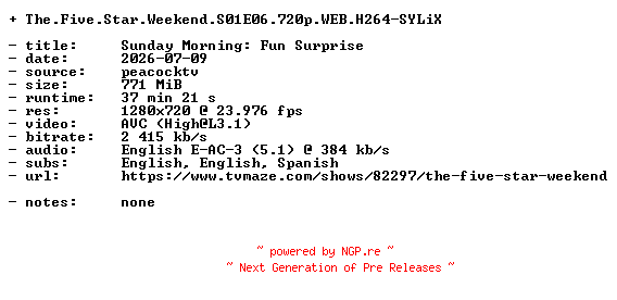NFO for the release The.Five.Star.Weekend.S01E06.720p.WEB.H264-SYLiX by SYLiX