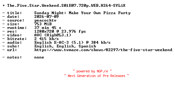 NFO for the release The.Five.Star.Weekend.S01E07.720p.WEB.H264-SYLiX by SYLiX