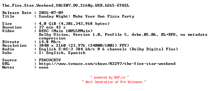 NFO for the release The.Five.Star.Weekend.S01E07.DV.2160p.WEB.h265-ETHEL by ETHEL