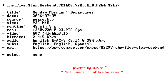 NFO for the release The.Five.Star.Weekend.S01E08.720p.WEB.H264-SYLiX by SYLiX