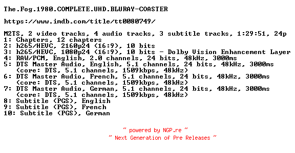 NFO for the release The.Fog.1980.COMPLETE.UHD.BLURAY-COASTER by COASTER