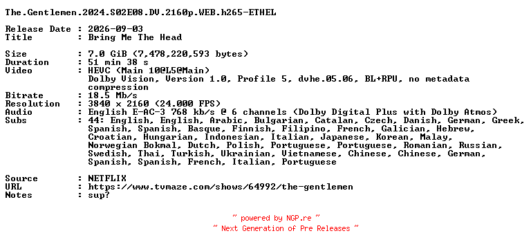 NFO for the release The.Gentlemen.2024.S02E08.DV.2160p.WEB.h265-ETHEL by ETHEL