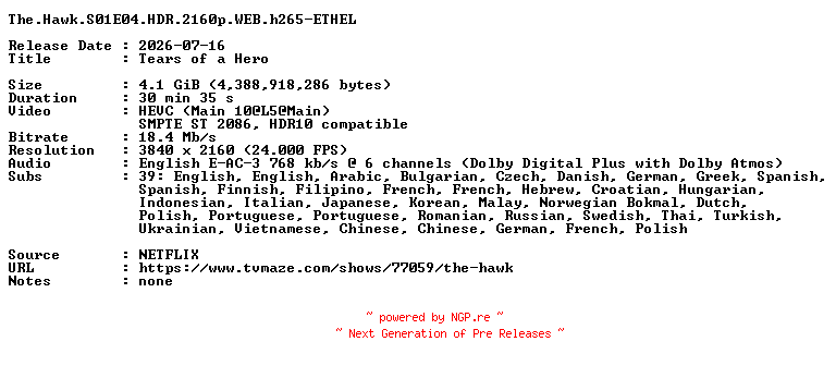 NFO for the release The.Hawk.S01E04.HDR.2160p.WEB.h265-ETHEL by ETHEL