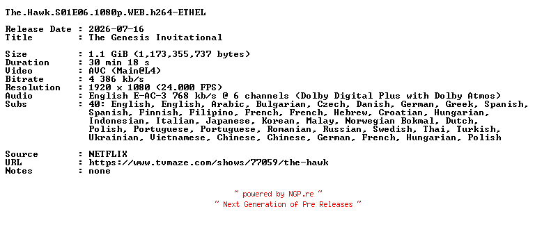 NFO for the release The.Hawk.S01E06.1080p.WEB.h264-ETHEL by ETHEL