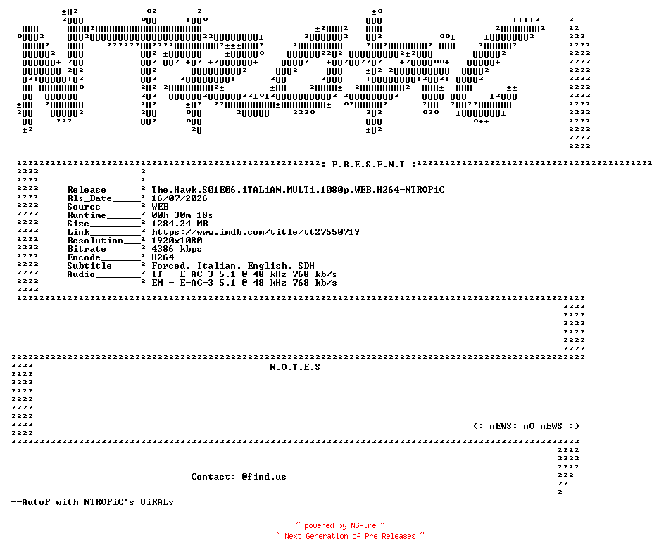 NFO for the release The.Hawk.S01E06.iTALiAN.MULTi.1080p.WEB.H264-NTROPiC by NTROPiC