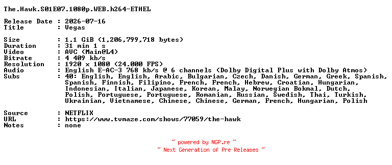 NFO for the release The.Hawk.S01E07.1080p.WEB.h264-ETHEL by ETHEL
