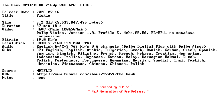 NFO for the release The.Hawk.S01E10.DV.2160p.WEB.h265-ETHEL by ETHEL