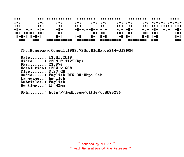 NFO for the release The.Honorary.Consul.1983.720p.BluRay.x264-WiSDOM by WiSDOM