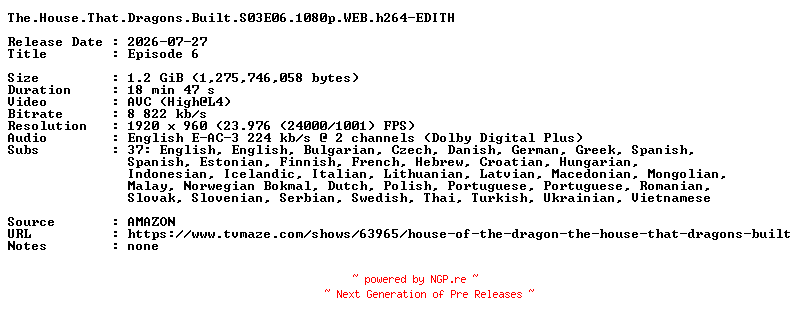 NFO for the release The.House.That.Dragons.Built.S03E06.1080p.WEB.h264-EDITH by EDITH