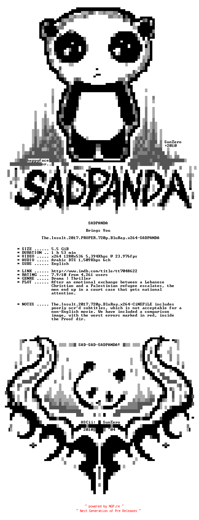 NFO for the release The.Insult.2017.PROPER.720p.BluRay.x264-SADPANDA by SADPANDA
