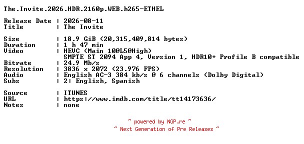 NFO for the release The.Invite.2026.HDR.2160p.WEB.h265-ETHEL by ETHEL