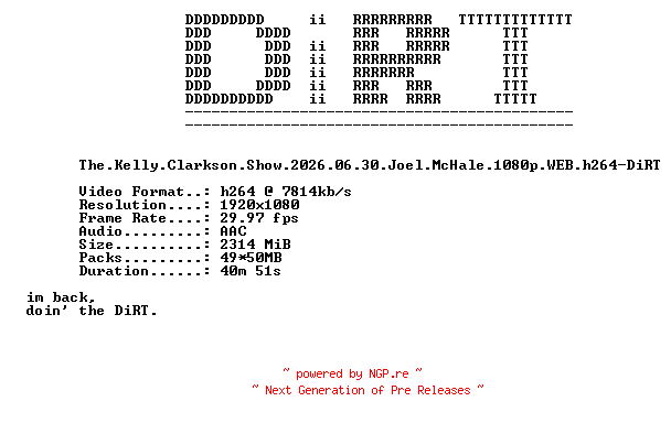 NFO for the release The.Kelly.Clarkson.Show.2026.06.30.Joel.McHale.1080p.WEB.h264-DiRT by DiRT
