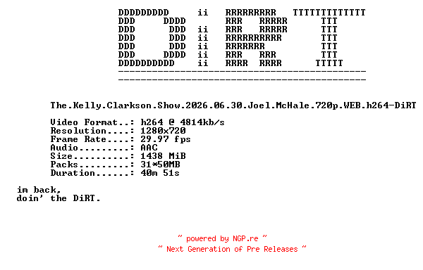 NFO for the release The.Kelly.Clarkson.Show.2026.06.30.Joel.McHale.720p.WEB.h264-DiRT by DiRT