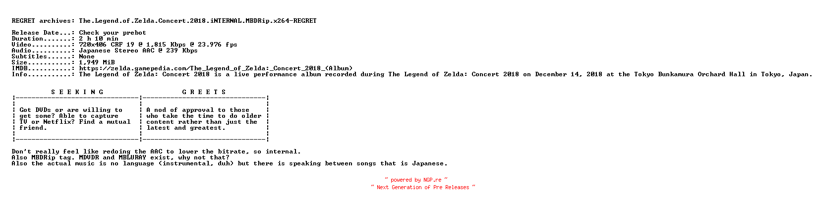 NFO for the release The.Legend.of.Zelda.Concert.2018.iNTERNAL.MBDRip.x264-REGRET by REGRET