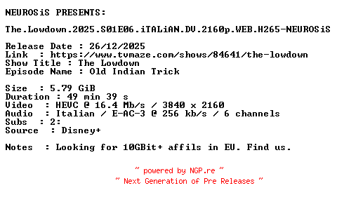 NFO for the release The.Lowdown.2025.S01E06.iTALiAN.DV.2160p.WEB.H265-NEUROSiS by NEUROSiS