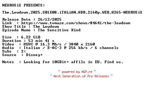 NFO for the release The.Lowdown.2025.S01E08.iTALiAN.HDR.2160p.WEB.H265-NEUROSiS by NEUROSiS