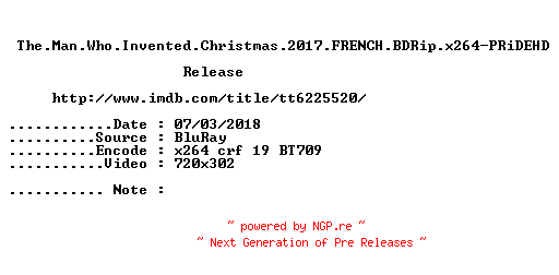 NFO for the release The.Man.Who.Invented.Christmas.2017.FRENCH.BDRip.x264-PRiDEHD by PRiDEHD