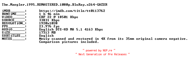 NFO for the release The.Mangler.1995.REMASTERED.1080p.BluRay.x264-GAZER by GAZER